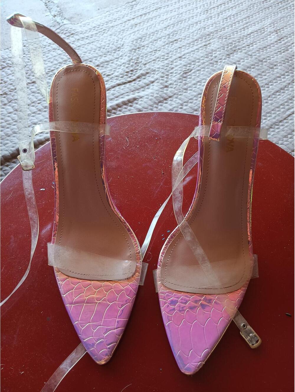 Pink Iridescent Pointed Toe Clear Strap High Heel Sandals